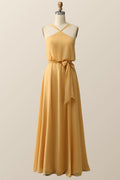 Halter Straps Purple Chiffon Long Bridesmaid Dress