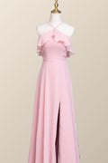 Pink Chiffon Ruffle Halter A-line Long Bridesmaid Dress