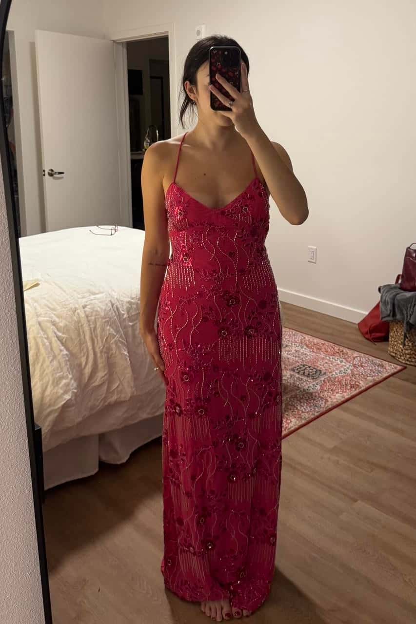 Pink Beaded Straps Fitted Long Dress