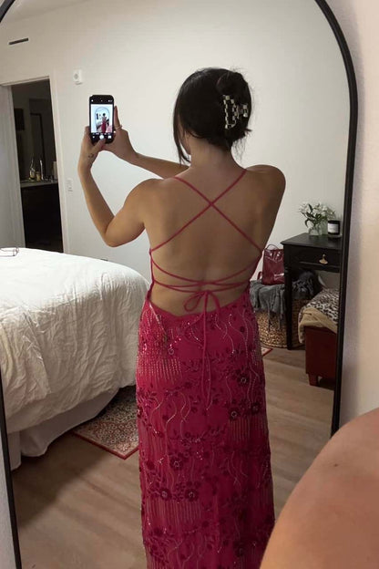 Pink Beaded Straps Fitted Long Dress