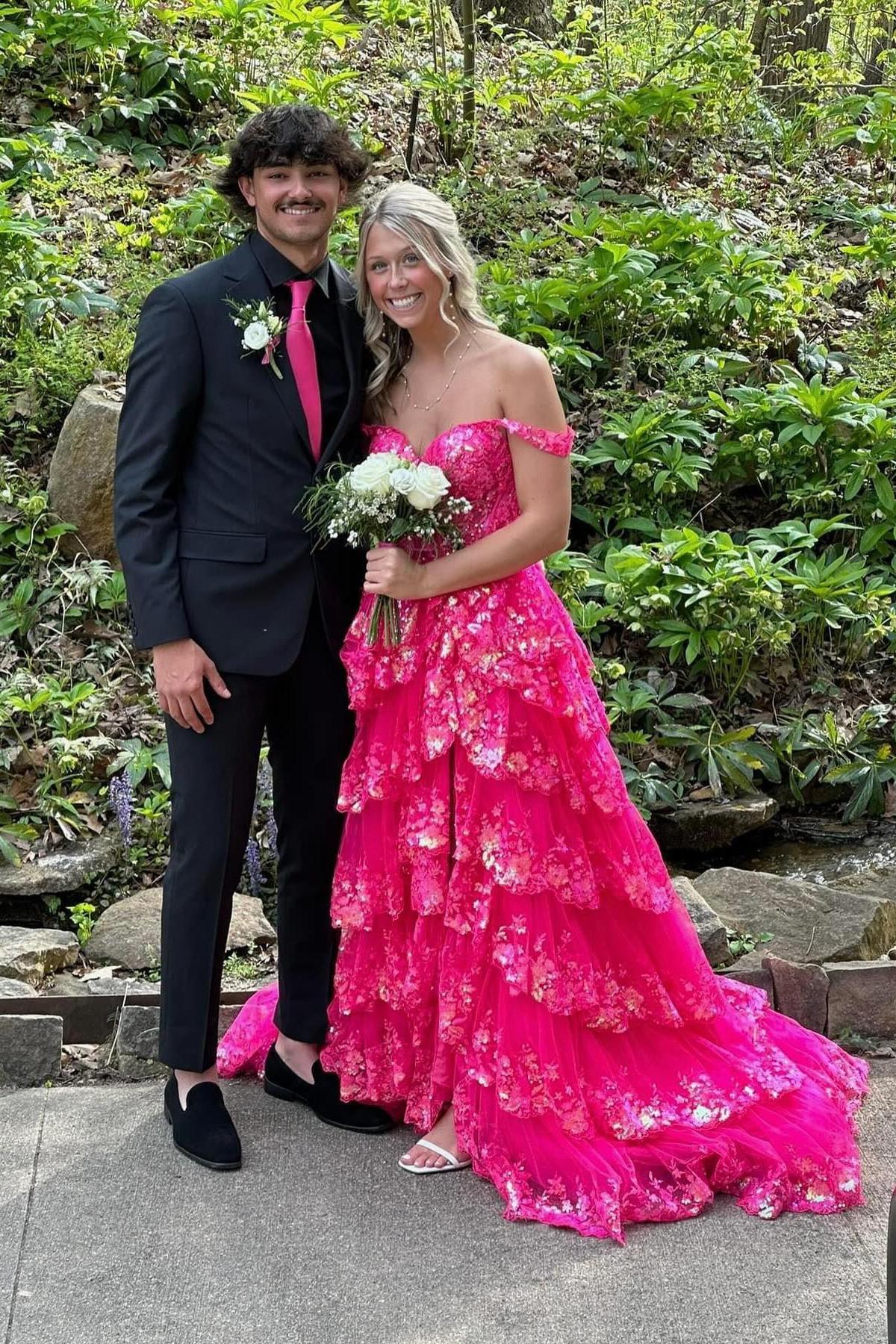 Off the Shoulder Light Blue Appliques Tiered Formal Gown
