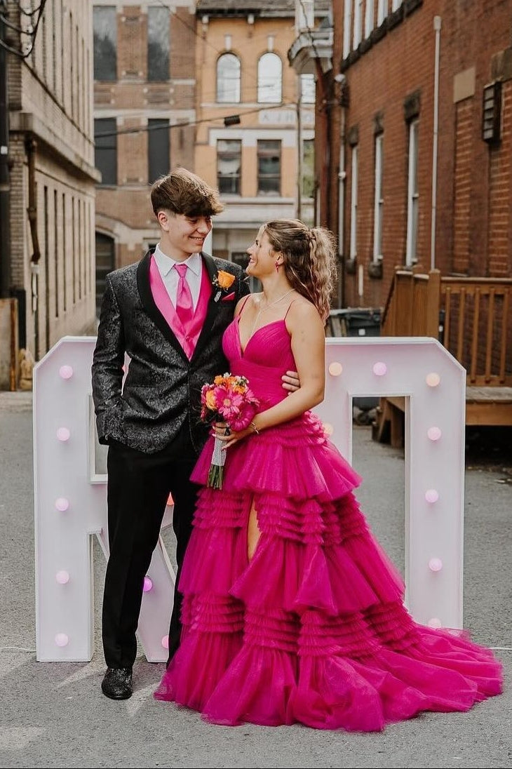 Champagne Tiered Ruffle Long Ball Gown with Straps