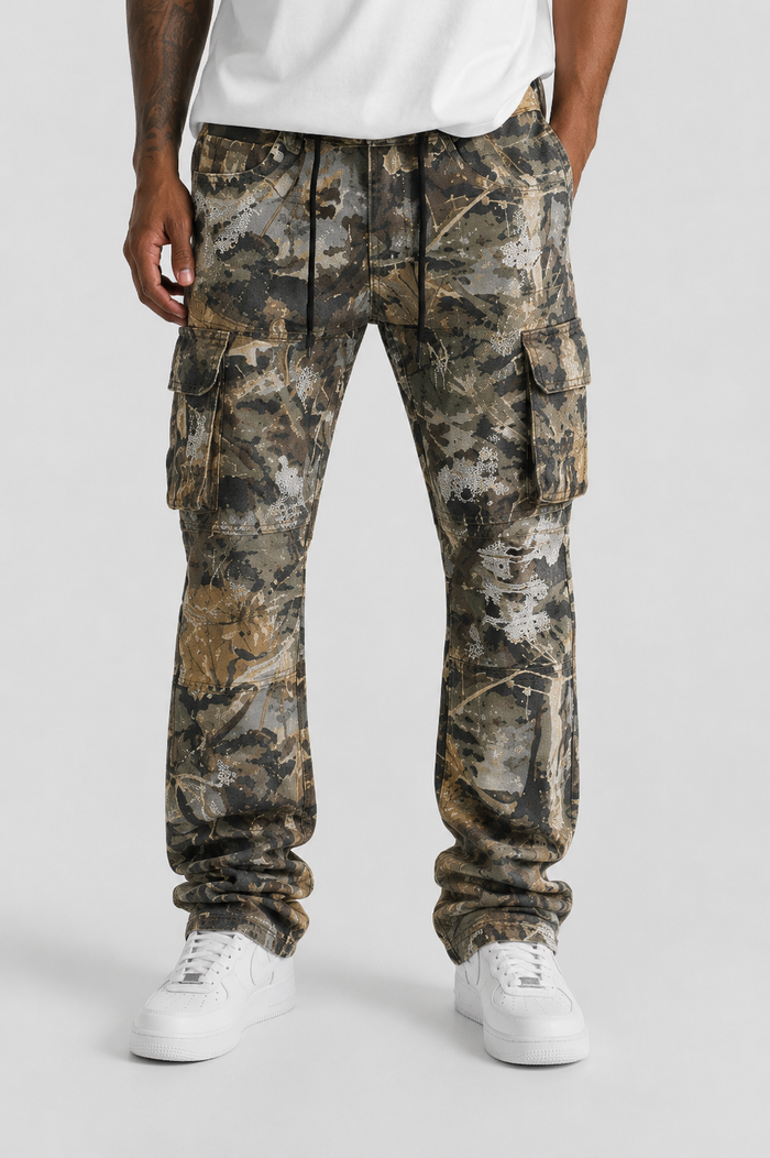 FWRD Cadre Camo Twill Camo Pants in natural camouflage, denim style with a relaxed fit and camouflage pattern.