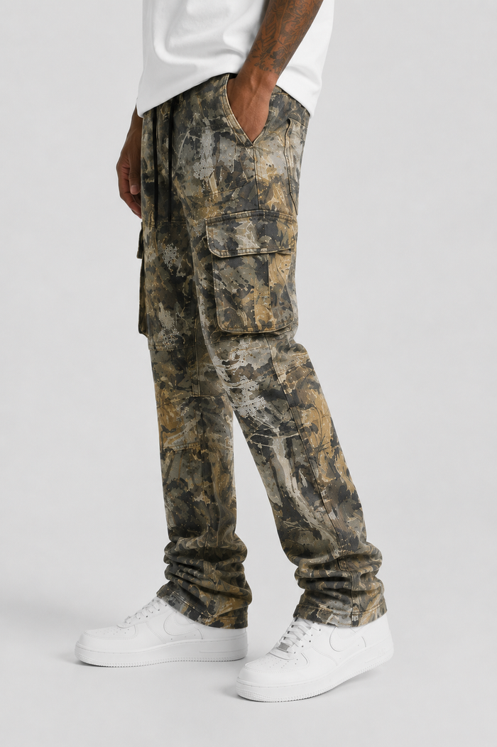 FWRD Cadre Camo Twill Camo Pants in natural camouflage, denim style with a relaxed fit and camouflage pattern.