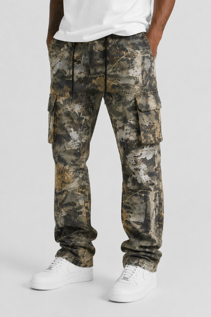 FWRD Cadre Camo Twill Camo Pants in natural camouflage, denim style with a relaxed fit and detailed camouflage pattern.