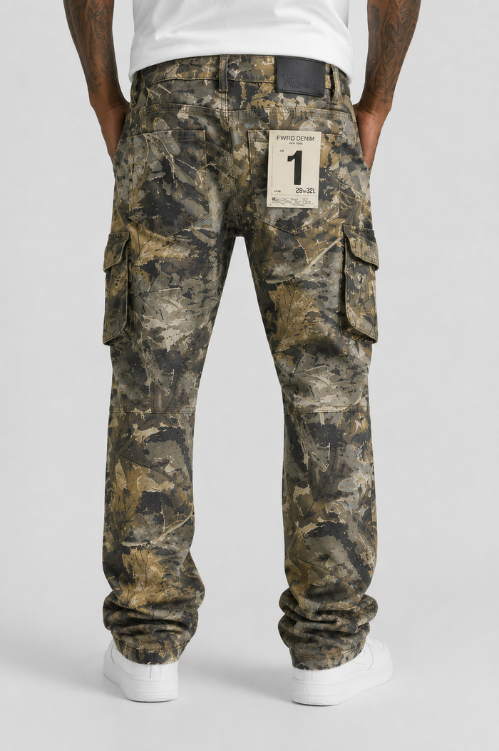 FWRD Cadre Camo Twill Camo Pants in natural camouflage, denim style, with a relaxed fit and detailed camo pattern.