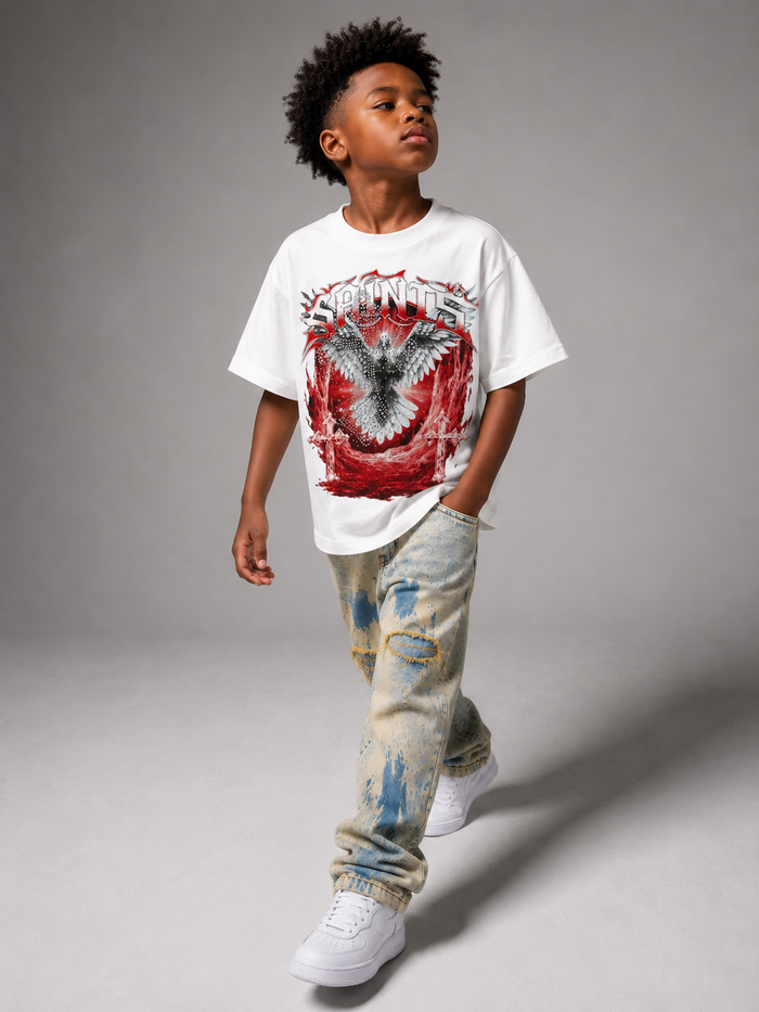 White FWRD Kids Saints rhinestone T-shirt for kids, featuring a stylish graphic design and comfortable fit.