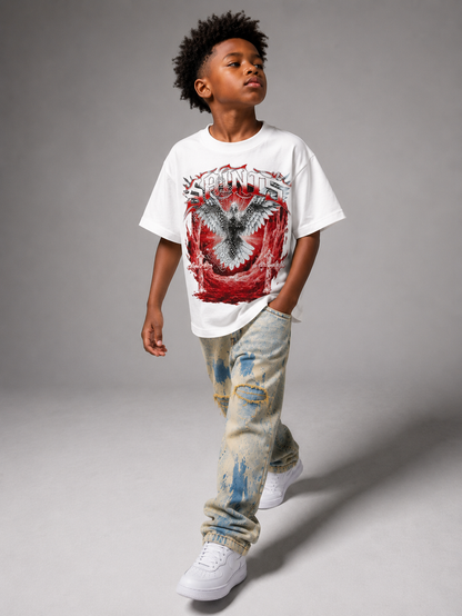 White FWRD Kids Saints rhinestone T-shirt for kids, featuring a stylish graphic design and comfortable fit.