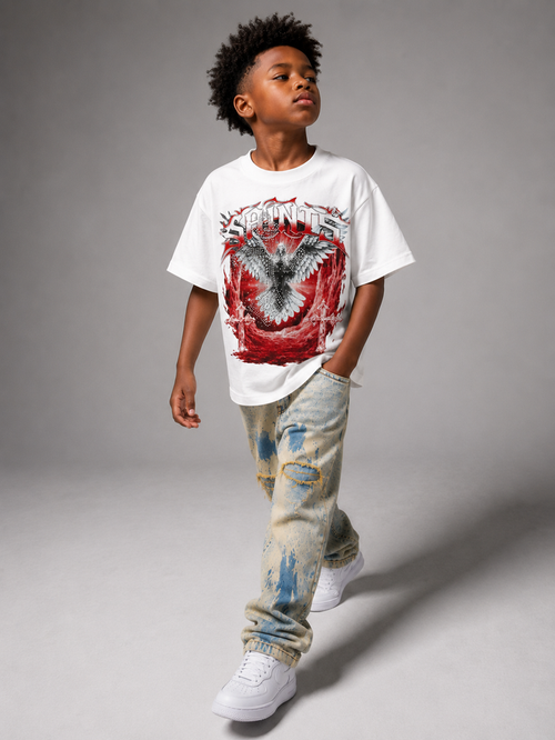 White FWRD Kids Saints rhinestone T-shirt for kids, featuring a stylish graphic design and comfortable fit.