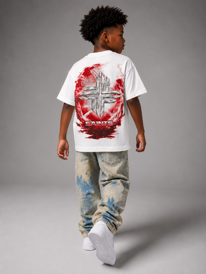 White FWRD Kids Saints rhinestone T-shirt for kids, featuring a stylish design with sparkling embellishments.