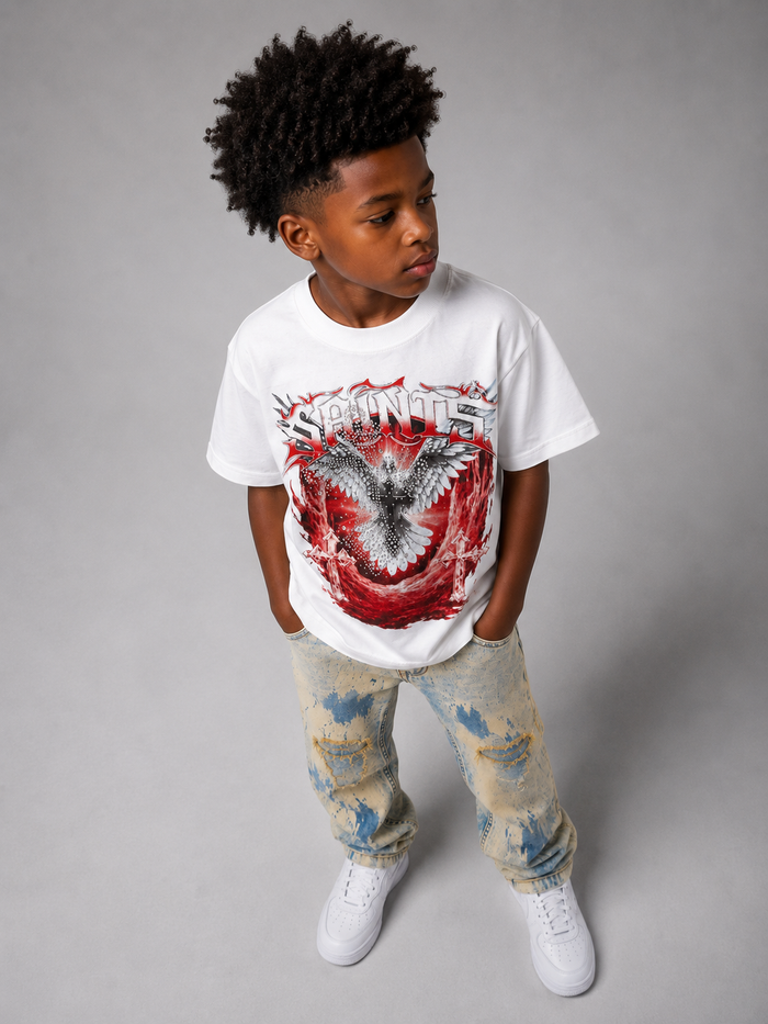 White FWRD Kids Saints rhinestone T-shirt for kids, featuring a stylish graphic design on soft cotton fabric.