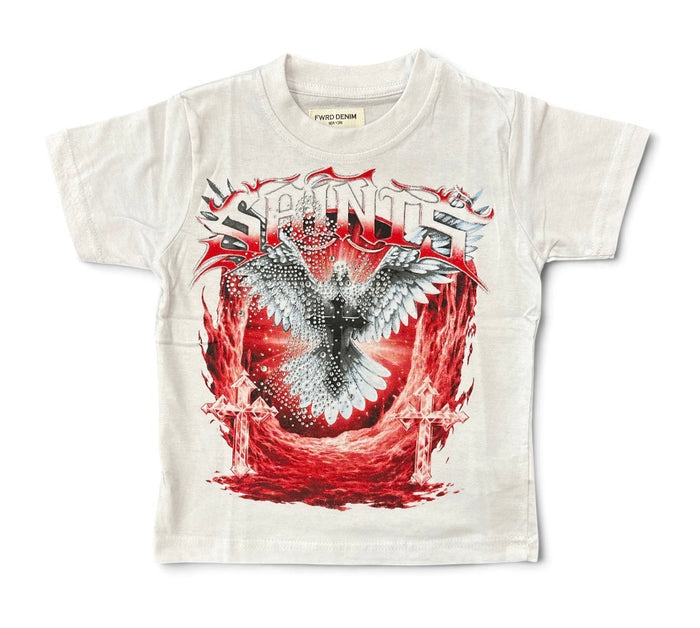 White FWRD Kids Saints rhinestone T-shirt for kids, featuring a stylish design with sparkling embellishments on the front.