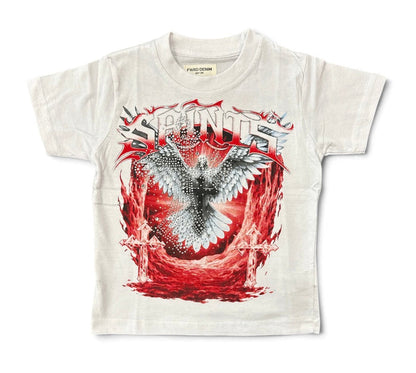 White FWRD Kids Saints rhinestone T-shirt for kids, featuring a stylish design with sparkling embellishments on the front.