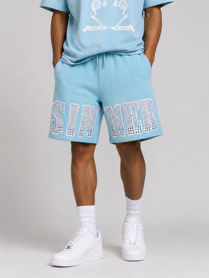 FWRD Skeleton Sinner French Terry Shorts in C.Blue, casual men's shorts with skeleton graphic design on soft fabric.