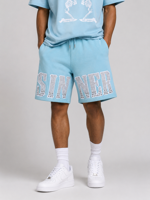 FWRD Skeleton Sinner French Terry Shorts in C.Blue, casual men's shorts with skeleton graphic design on soft fabric.