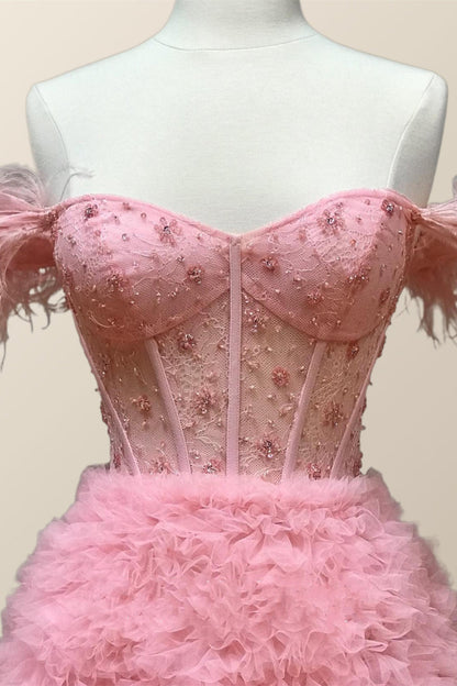 Off the Shoulder Pink Tiered Layers Long Formal Gown