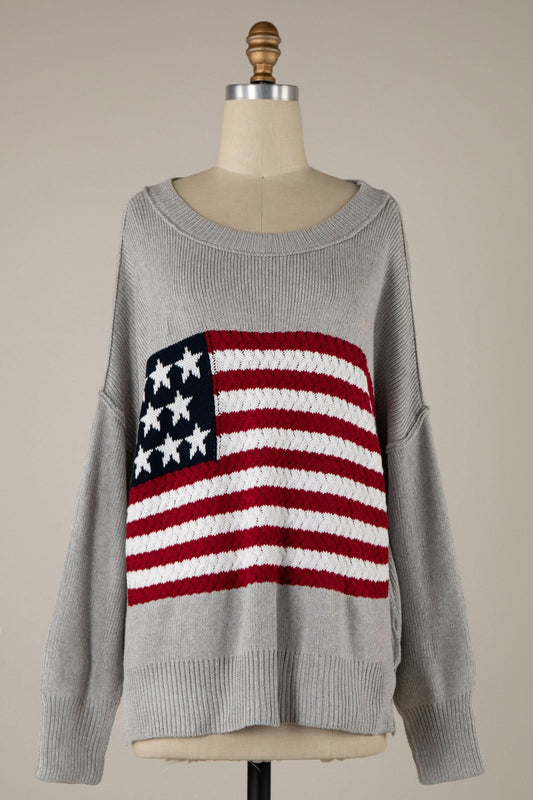 Land of Free Grey Oversized American Flag Sweater