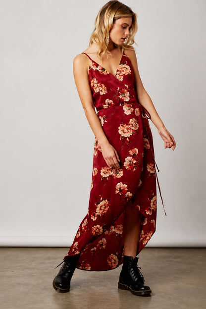 Heidi Wine Satin Floral Wrap Dress