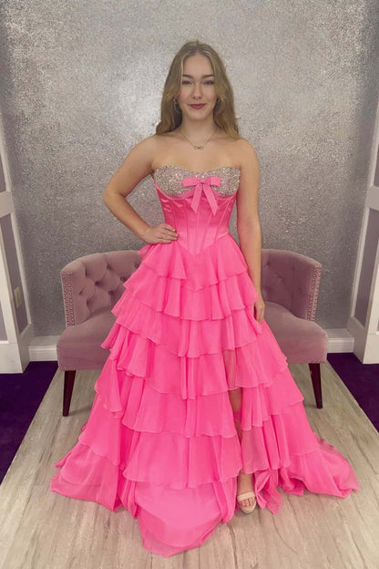 Light Blue Chiffon Ruffle Pearls Prom Dress