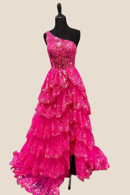 One Shoulder Navy Blue Appliques Ruffle Formal Dress