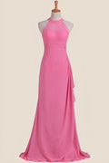 Hot Pink Halter Chiffon Draped Long Dress