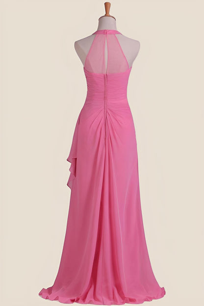 Hot Pink Halter Chiffon Draped Long Dress