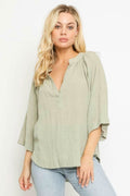 Fiona Sage Green Three-Quarter-Sleeve Top