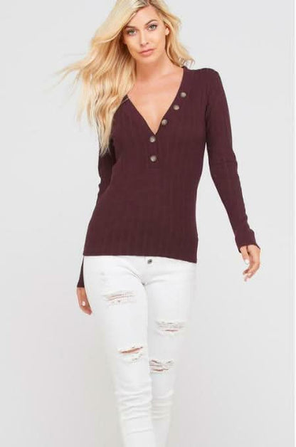 Gina Eggplant Knit Button-Up Long Sleeve Sweater Top