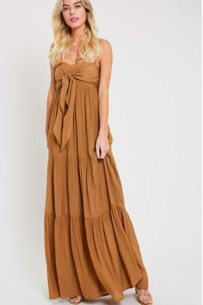 Falling In Love Tie-Front Tiered Camel Maxi Dress