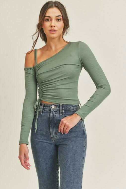 Lush Angie Olive One-Shoulder Ruched Crop Top