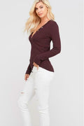 Gina Eggplant Knit Button-Up Long Sleeve Sweater Top