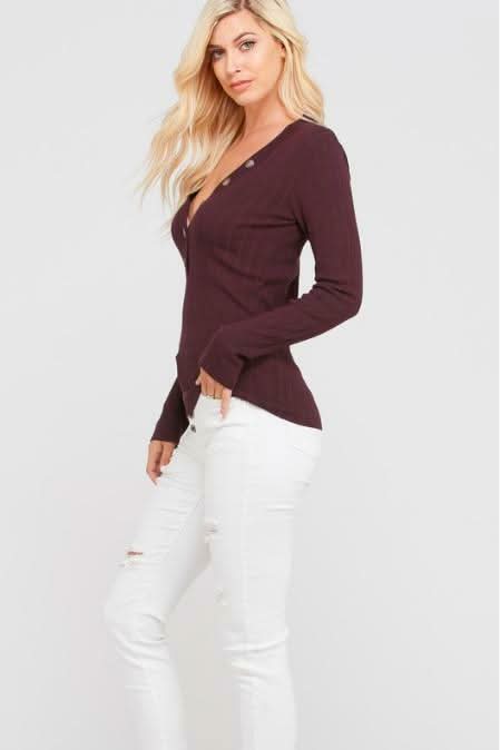 Gina Eggplant Knit Button-Up Long Sleeve Sweater Top