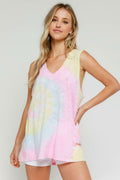 Groovy Vibes Pink and Blue Tie-Dye V-Neck Tank Top