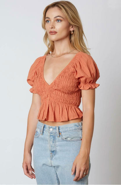 Dana Terra Cotta Smocked Puff Sleeve Ruffle Top