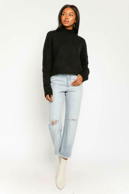 Helane Black Cropped Mock Neck Sweater