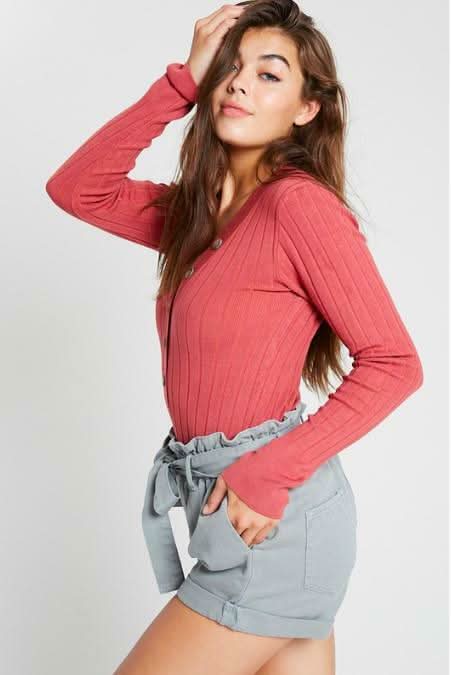Gina Brick Red Knit Button-Up Long Sleeve Sweater Top