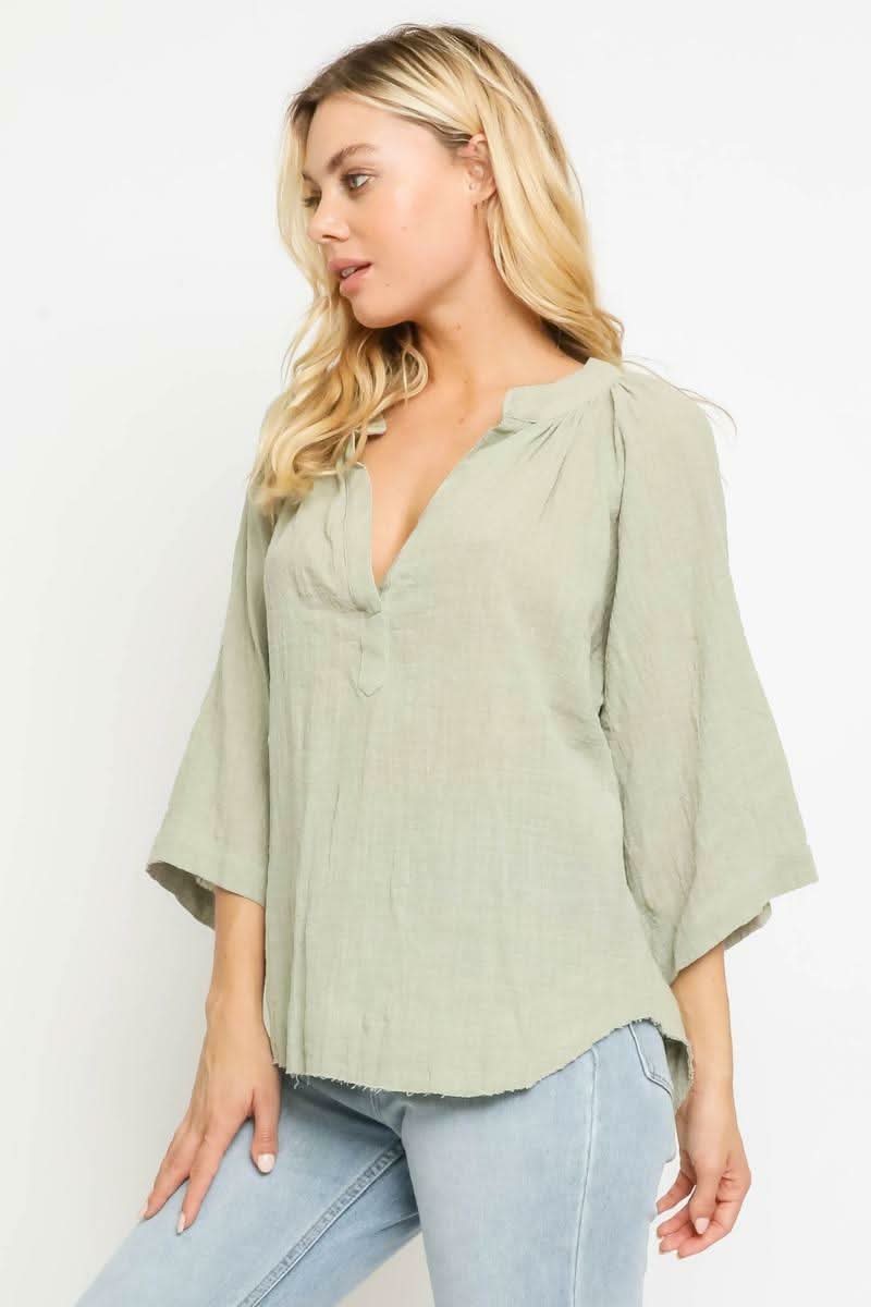 Fiona Sage Green Three-Quarter-Sleeve Top