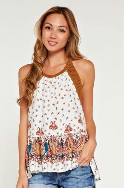 Erica Ivory Floral Print Crochet Halter Top