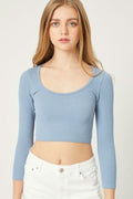 Get Set Blue Ribbed Three-Quarter Sleeve Crop Top