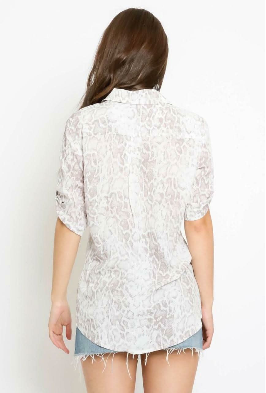 Elsa Khaki Snake Print Button-Up Top