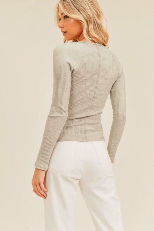 Lush Missing You Heather Grey Ribbed Long Sleeve Top