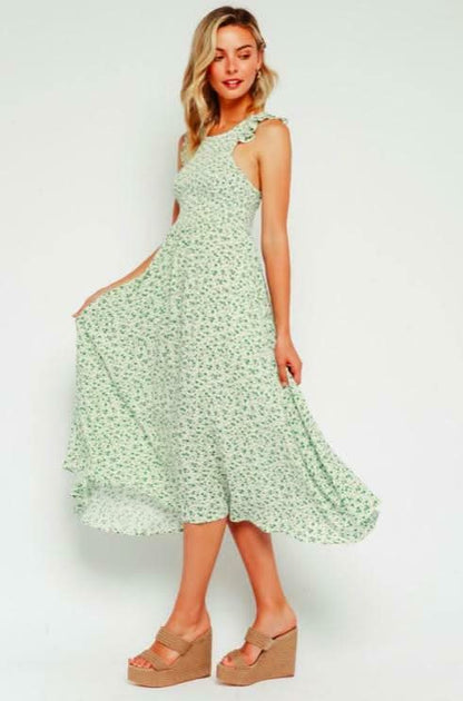 Iris Green Floral Print Smocked Culotte Jumpsuit
