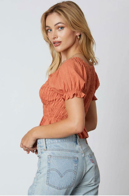 Dana Terra Cotta Smocked Puff Sleeve Ruffle Top
