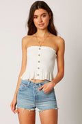 Jenna White Button-Down Strapless Smocked Top