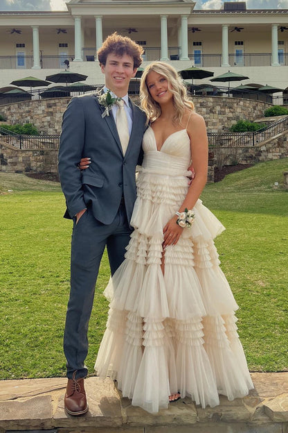 Champagne Tiered Ruffle Long Ball Gown with Straps