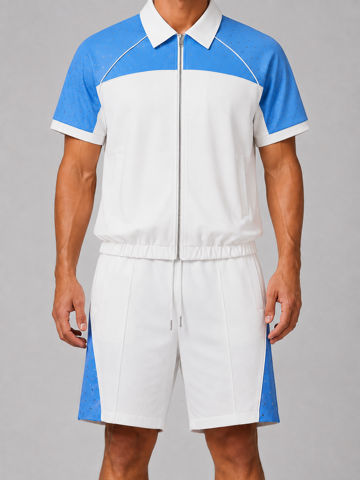 Kindred rhinestone nylon zip-up shirt in white and blue, featuring a stylish design and full front zipper.