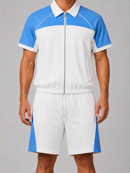 Kindred rhinestone nylon zip-up shirt in white and blue, featuring a stylish design and full front zipper.