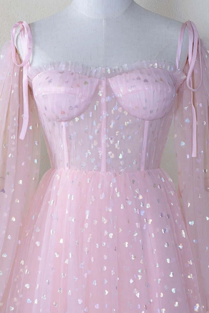 Pink Coset Short Dress with Puffy Sleeves