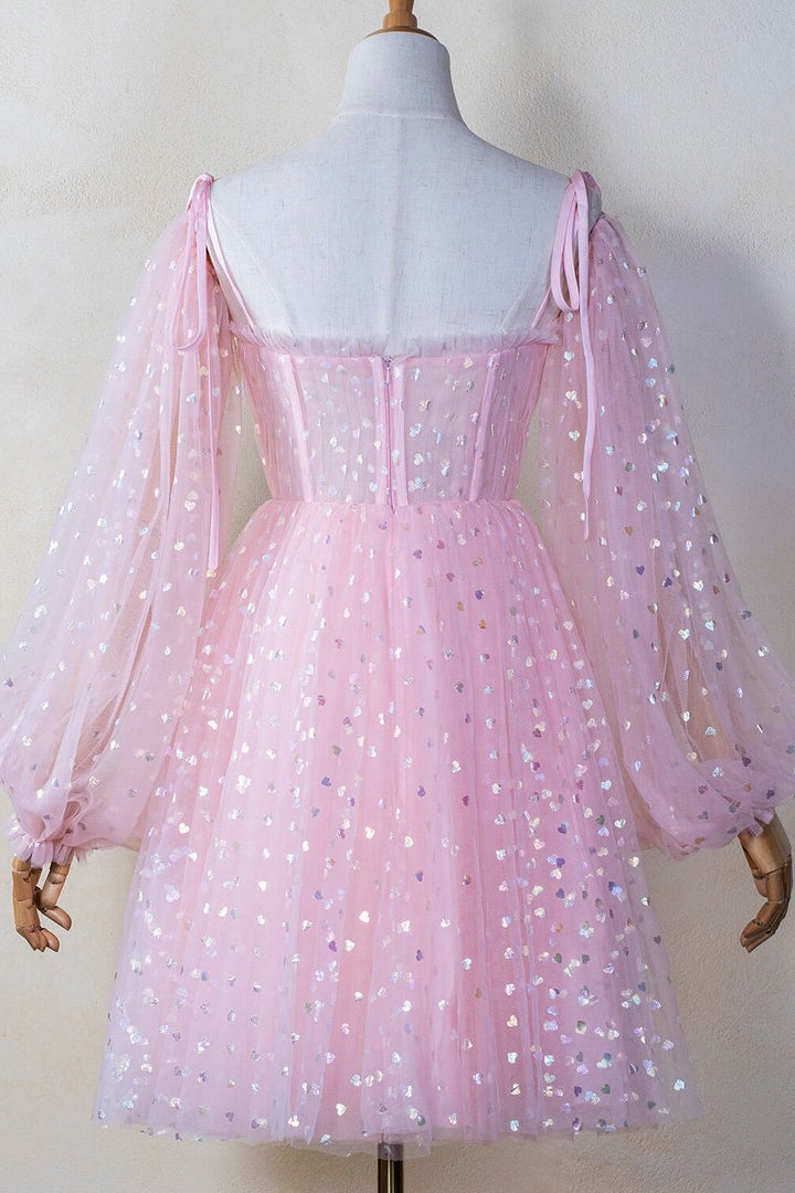 Pink Coset Short Dress with Puffy Sleeves