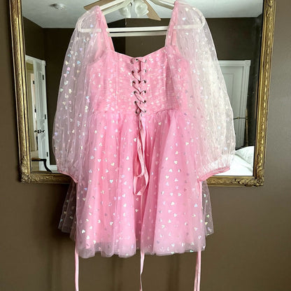 Pink Coset Short Dress with Puffy Sleeves